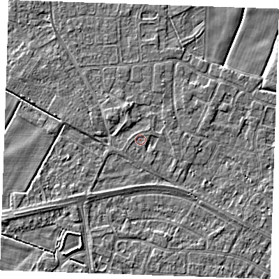 Shaded relief map of the ground around PE252NX, computed from Environment Agency LiDAR. The ground here sits at about 2 m above sea level and falls 3 m across the surrounding 800 m. Surface water reaching this point runs off ground lying to the east-south-east, 0.8 m higher.