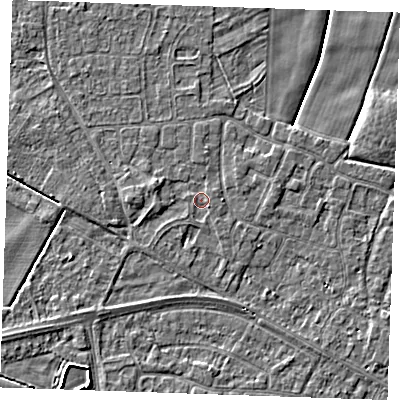 Shaded relief map of the ground around PE252NY, computed from Environment Agency LiDAR. The ground here sits at about 2 m above sea level and falls 3 m across the surrounding 800 m. Surface water reaching this point runs off ground lying to the west-north-west, 1.2 m higher.