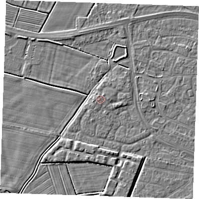 Shaded relief map of the ground around PE252NZ, computed from Environment Agency LiDAR. The ground here sits at about 3 m above sea level and falls 4 m across the surrounding 800 m. Surface water reaching this point runs off ground lying to the east, 0.6 m higher.