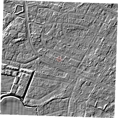 Shaded relief map of the ground around PE252PA, computed from Environment Agency LiDAR. The ground here sits at about 2 m above sea level and falls 4 m across the surrounding 800 m. Surface water reaching this point runs off ground lying to the east, 0.6 m higher.