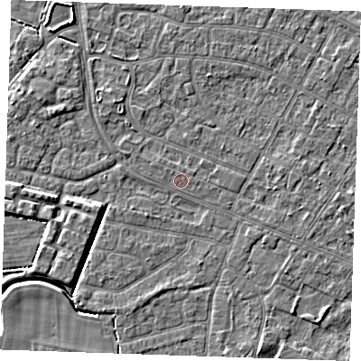 Shaded relief map of the ground around PE252PB, computed from Environment Agency LiDAR. The ground here sits at about 2 m above sea level and falls 4 m across the surrounding 800 m. Surface water reaching this point runs off ground lying to the west-south-west, 3.5 m higher.