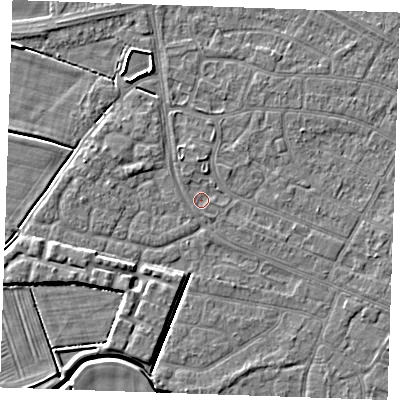 Shaded relief map of the ground around PE252PD, computed from Environment Agency LiDAR. The ground here sits at about 2 m above sea level and falls 4 m across the surrounding 800 m. Surface water reaching this point runs off ground lying to the north, 0.9 m higher.