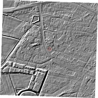 Shaded relief map of the ground around PE252PE, computed from Environment Agency LiDAR. The ground here sits at about 2 m above sea level and falls 4 m across the surrounding 800 m. Surface water reaching this point runs off ground lying to the north-west, 0.6 m higher.