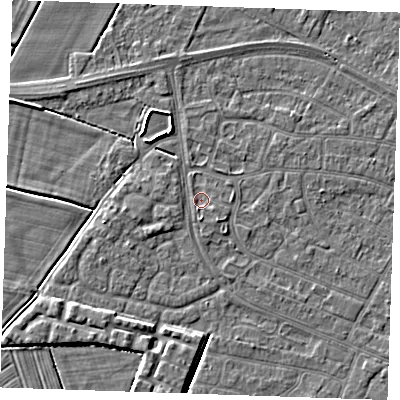 Shaded relief map of the ground around PE252PF, computed from Environment Agency LiDAR. The ground here sits at about 2 m above sea level and falls 4 m across the surrounding 800 m. Surface water reaching this point runs off ground lying to the south-south-west, 0.8 m higher.