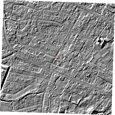 Shaded relief map of the ground around PE252PH, computed from Environment Agency LiDAR. The ground here sits at about 2 m above sea level and falls 4 m across the surrounding 800 m. Surface water reaching this point runs off ground lying to the west-north-west, 1.6 m higher.