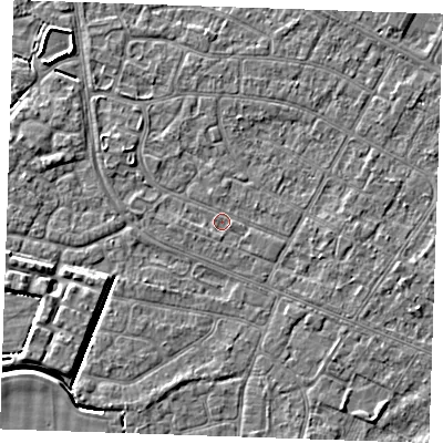 Shaded relief map of the ground around PE252PJ, computed from Environment Agency LiDAR. The ground here sits at about 2 m above sea level and falls 4 m across the surrounding 800 m. Surface water reaching this point runs off ground lying to the north-west, 1.4 m higher.