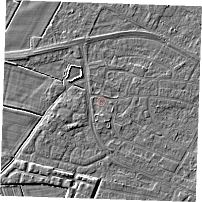 Shaded relief map of the ground around PE252PP, computed from Environment Agency LiDAR. The ground here sits at about 2 m above sea level and falls 4 m across the surrounding 800 m. Surface water reaching this point runs off ground lying to the south-south-west, 1.0 m higher.