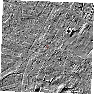 Shaded relief map of the ground around PE252PT, computed from Environment Agency LiDAR. The ground here sits at about 3 m above sea level and falls 3 m across the surrounding 800 m. The ground contributing surface water to this point lies to the north.