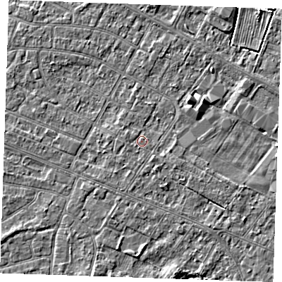 Shaded relief map of the ground around PE252PU, computed from Environment Agency LiDAR. The ground here sits at about 2 m above sea level and falls 3 m across the surrounding 800 m. Surface water reaching this point runs off ground lying to the west-north-west, 0.6 m higher.