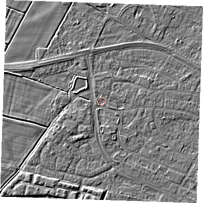 Shaded relief map of the ground around PE252PW, computed from Environment Agency LiDAR. The ground here sits at about 2 m above sea level and falls 4 m across the surrounding 800 m. Surface water reaching this point runs off ground lying to the south, 1.0 m higher.