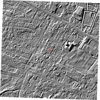 Shaded relief map of the ground around PE252QA, computed from Environment Agency LiDAR. The ground here sits at about 2 m above sea level and falls 3 m across the surrounding 800 m. Surface water reaching this point runs off ground lying to the east-north-east, 2.9 m higher.
