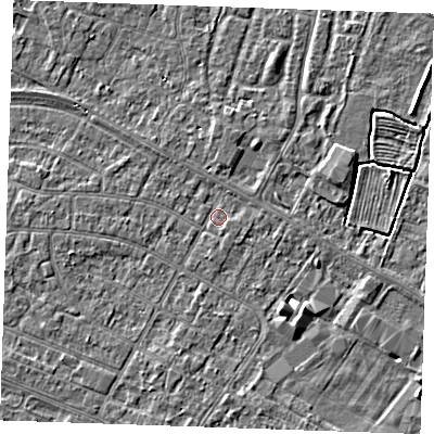 Shaded relief map of the ground around PE252QE, computed from Environment Agency LiDAR. The ground here sits at about 2 m above sea level and falls 3 m across the surrounding 800 m. Surface water reaching this point runs off ground lying to the north, 1.3 m higher.