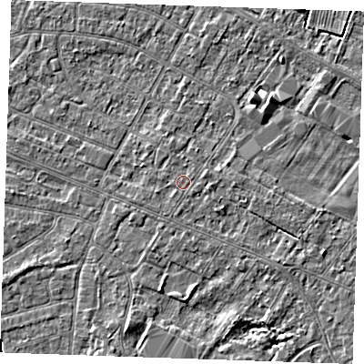 Shaded relief map of the ground around PE252QJ, computed from Environment Agency LiDAR. The ground here sits at about 2 m above sea level and falls 3 m across the surrounding 800 m. The ground contributing surface water to this point lies to the west-south-west.