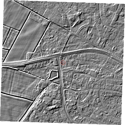 Shaded relief map of the ground around PE252QL, computed from Environment Agency LiDAR. The ground here sits at about 2 m above sea level and falls 3 m across the surrounding 800 m. Surface water reaching this point runs off ground lying to the east-south-east, 1.1 m higher.