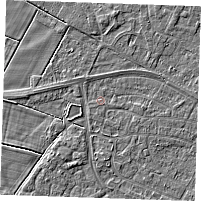 Shaded relief map of the ground around PE252QN, computed from Environment Agency LiDAR. The ground here sits at about 2 m above sea level and falls 3 m across the surrounding 800 m. Surface water reaching this point runs off ground lying to the east, 1.3 m higher.