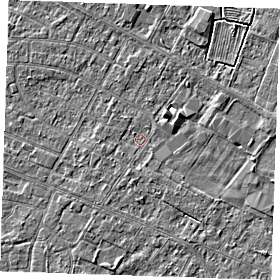 Shaded relief map of the ground around PE252QQ, computed from Environment Agency LiDAR. The ground here sits at about 2 m above sea level and falls 3 m across the surrounding 800 m. Surface water reaching this point runs off ground lying to the east-north-east, 2.9 m higher.