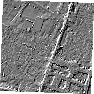 Shaded relief map of the ground around PE252QU, computed from Environment Agency LiDAR. The ground here sits at about 3 m above sea level and falls 4 m across the surrounding 800 m. Surface water reaching this point runs off ground lying to the north-east, 3.2 m higher.