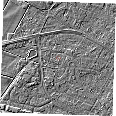 Shaded relief map of the ground around PE252QW, computed from Environment Agency LiDAR. The ground here sits at about 2 m above sea level and falls 3 m across the surrounding 800 m. Surface water reaching this point runs off ground lying to the east-north-east, 0.9 m higher.