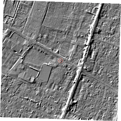 Shaded relief map of the ground around PE252RA, computed from Environment Agency LiDAR. The ground here sits at about 3 m above sea level and falls 4 m across the surrounding 800 m. The ground contributing surface water to this point lies to the south-east.