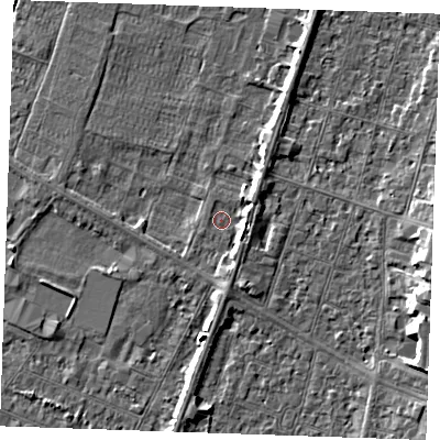 Shaded relief map of the ground around PE252RB, computed from Environment Agency LiDAR. The ground here sits at about 2 m above sea level and falls 6 m across the surrounding 800 m. Surface water reaching this point runs off ground lying to the south-east, 2.2 m higher.