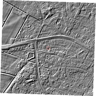 Shaded relief map of the ground around PE252RD, computed from Environment Agency LiDAR. The ground here sits at about 2 m above sea level and falls 3 m across the surrounding 800 m. Surface water reaching this point runs off ground lying to the east-south-east, 1.3 m higher.