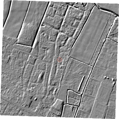 Shaded relief map of the ground around PE252RE, computed from Environment Agency LiDAR. The ground here sits at about 2 m above sea level and falls 4 m across the surrounding 800 m. Surface water reaching this point runs off ground lying to the south, 1.6 m higher.