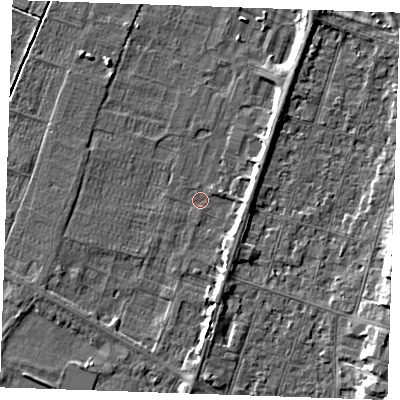 Shaded relief map of the ground around PE252RF, computed from Environment Agency LiDAR. The ground here sits at about 2 m above sea level and falls 6 m across the surrounding 800 m. Surface water reaching this point runs off ground lying to the south, 2.6 m higher.