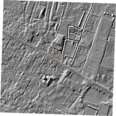Shaded relief map of the ground around PE252RJ, computed from Environment Agency LiDAR. The ground here sits at about 2 m above sea level and falls 4 m across the surrounding 800 m. Surface water reaching this point runs off ground lying to the north-north-east, 2.1 m higher.