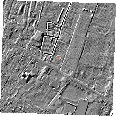 Shaded relief map of the ground around PE252RL, computed from Environment Agency LiDAR. The ground here sits at about 2 m above sea level and falls 4 m across the surrounding 800 m. Surface water reaching this point runs off ground lying to the north-west, 2.2 m higher.