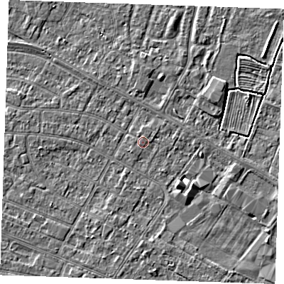 Shaded relief map of the ground around PE252RP, computed from Environment Agency LiDAR. The ground here sits at about 2 m above sea level and falls 3 m across the surrounding 800 m. The ground contributing surface water to this point lies to the north.