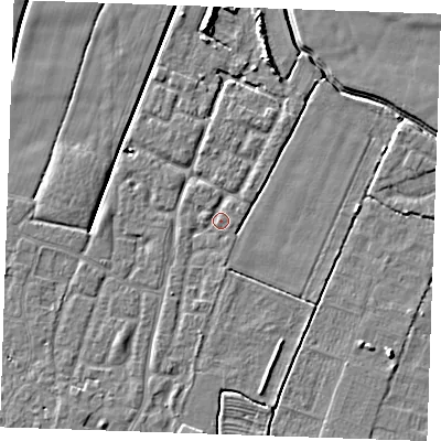 Shaded relief map of the ground around PE252RQ, computed from Environment Agency LiDAR. The ground here sits at about 2 m above sea level and falls 5 m across the surrounding 800 m. Surface water reaching this point runs off ground lying to the south-south-west, 1.9 m higher.