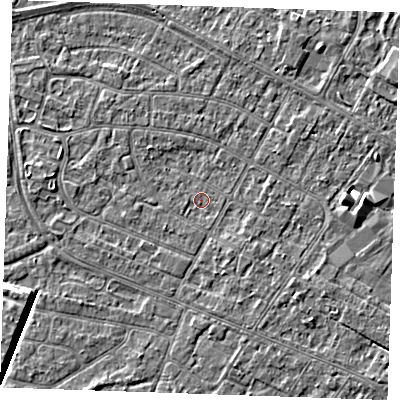 Shaded relief map of the ground around PE252RS, computed from Environment Agency LiDAR. The ground here sits at about 2 m above sea level and falls 4 m across the surrounding 800 m. Surface water reaching this point runs off ground lying to the west, 1.6 m higher.