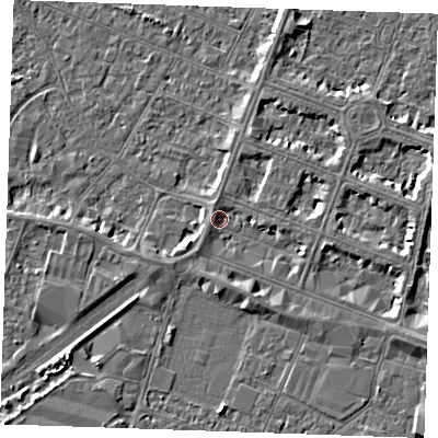 Shaded relief map of the ground around PE252RU, computed from Environment Agency LiDAR. The ground here sits at about 3 m above sea level and falls 3 m across the surrounding 800 m. Surface water reaching this point runs off ground lying to the north-north-west, 1.3 m higher.