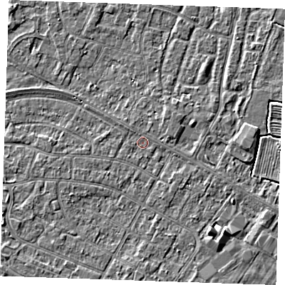 Shaded relief map of the ground around PE252RW, computed from Environment Agency LiDAR. The ground here sits at about 2 m above sea level and falls 3 m across the surrounding 800 m. Surface water reaching this point runs off ground lying to the north-west, 0.7 m higher.