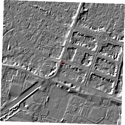 Shaded relief map of the ground around PE252RX, computed from Environment Agency LiDAR. The ground here sits at about 3 m above sea level and falls 4 m across the surrounding 800 m. Surface water reaching this point runs off ground lying to the west-south-west, 1.3 m higher.