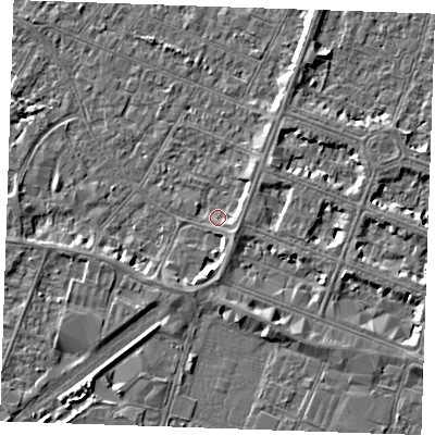 Shaded relief map of the ground around PE252RZ, computed from Environment Agency LiDAR. The ground here sits at about 2 m above sea level and falls 3 m across the surrounding 800 m. Surface water reaching this point runs off ground lying to the east, 1.6 m higher.