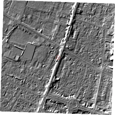 Shaded relief map of the ground around PE252SB, computed from Environment Agency LiDAR. The ground here sits at about 2 m above sea level and falls 5 m across the surrounding 800 m. Surface water reaching this point runs off ground lying to the south-south-west, 3.2 m higher.