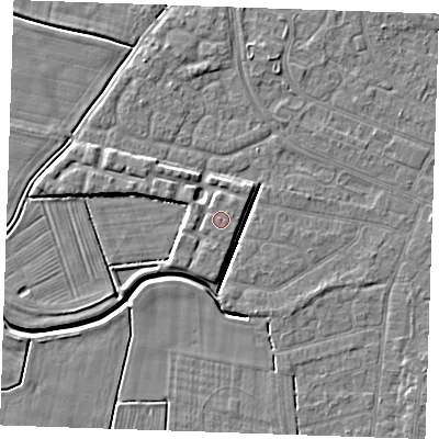Shaded relief map of the ground around PE252SE, computed from Environment Agency LiDAR. The ground here sits at about 4 m above sea level and falls 4 m across the surrounding 800 m. The ground contributing surface water to this point lies to the east-south-east.