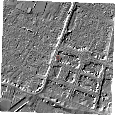 Shaded relief map of the ground around PE252SL, computed from Environment Agency LiDAR. The ground here sits at about 3 m above sea level and falls 4 m across the surrounding 800 m. Surface water reaching this point runs off ground lying to the east, 2.9 m higher.