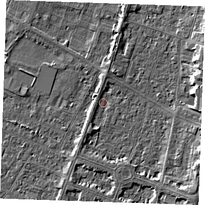 Shaded relief map of the ground around PE252SP, computed from Environment Agency LiDAR. The ground here sits at about 3 m above sea level and falls 6 m across the surrounding 800 m. Surface water reaching this point runs off ground lying to the east, 5.6 m higher.