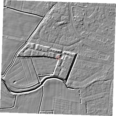 Shaded relief map of the ground around PE252SQ, computed from Environment Agency LiDAR. The ground here sits at about 4 m above sea level and falls 4 m across the surrounding 800 m. Surface water reaching this point runs off ground lying to the south, 3.0 m higher.