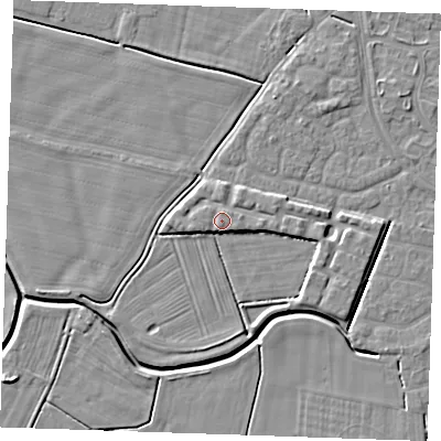 Shaded relief map of the ground around PE252SR, computed from Environment Agency LiDAR. The ground here sits at about 4 m above sea level and falls 5 m across the surrounding 800 m. Surface water reaching this point runs off ground lying to the west-south-west, 2.7 m higher.