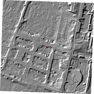 Shaded relief map of the ground around PE252TA, computed from Environment Agency LiDAR. The ground here sits at about 4 m above sea level and falls 7 m across the surrounding 800 m. Surface water reaching this point runs off ground lying to the east-south-east, 3.3 m higher.