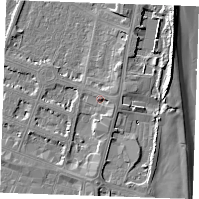 Shaded relief map of the ground around PE252TB, computed from Environment Agency LiDAR. The ground here sits at about 5 m above sea level and falls 10 m across the surrounding 800 m. Surface water reaching this point runs off ground lying to the east-south-east, 2.3 m higher.