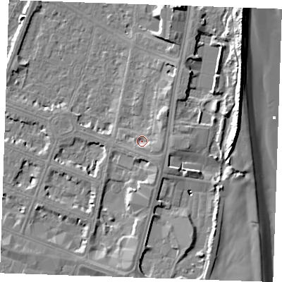 Shaded relief map of the ground around PE252TD, computed from Environment Agency LiDAR. The ground here sits at about 4 m above sea level and falls 12 m across the surrounding 800 m. Surface water reaching this point runs off ground lying to the east-south-east, 1.9 m higher.