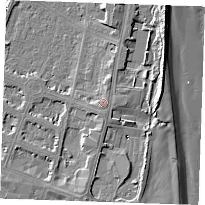 Shaded relief map of the ground around PE252TE, computed from Environment Agency LiDAR. The ground here sits at about 6 m above sea level and falls 11 m across the surrounding 800 m. Surface water reaching this point runs off ground lying to the south-east, 1.3 m higher.