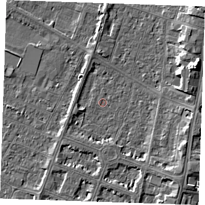 Shaded relief map of the ground around PE252TL, computed from Environment Agency LiDAR. The ground here sits at about 3 m above sea level and falls 9 m across the surrounding 800 m. Surface water reaching this point runs off ground lying to the east, 5.7 m higher.