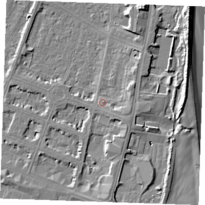 Shaded relief map of the ground around PE252TN, computed from Environment Agency LiDAR. The ground here sits at about 4 m above sea level and falls 11 m across the surrounding 800 m. Surface water reaching this point runs off ground lying to the east-south-east, 2.6 m higher.