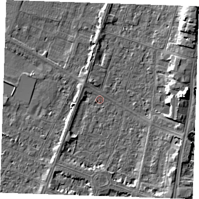 Shaded relief map of the ground around PE252TS, computed from Environment Agency LiDAR. The ground here sits at about 3 m above sea level and falls 9 m across the surrounding 800 m. Surface water reaching this point runs off ground lying to the east, 9.0 m higher.