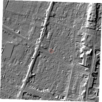 Shaded relief map of the ground around PE252TT, computed from Environment Agency LiDAR. The ground here sits at about 3 m above sea level and falls 9 m across the surrounding 800 m. Surface water reaching this point runs off ground lying to the east, 9.0 m higher.